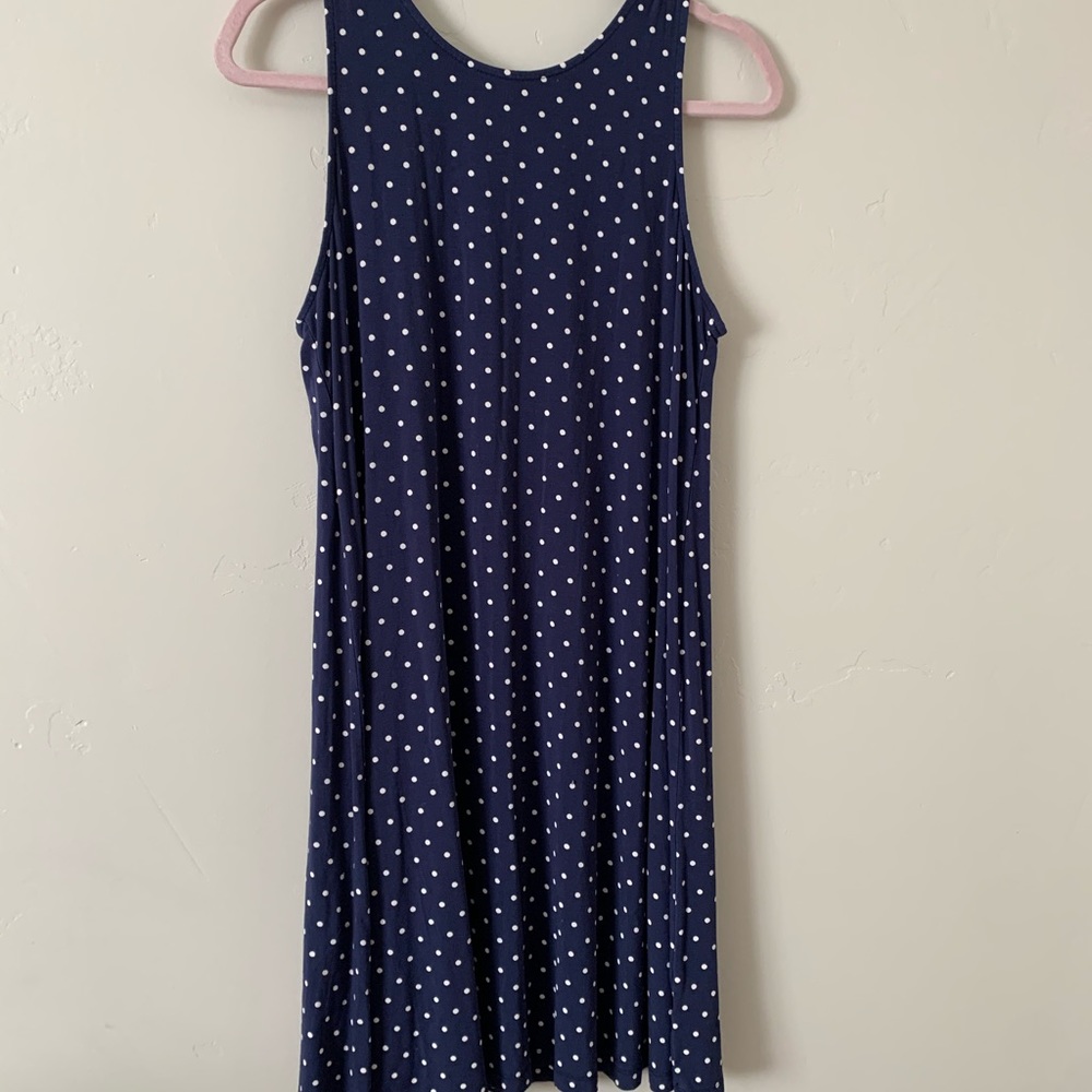 navy and white polka dot dress